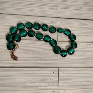 Teal Blue/Green Foiled Glass Beaded Fashion Statement Necklace 20"